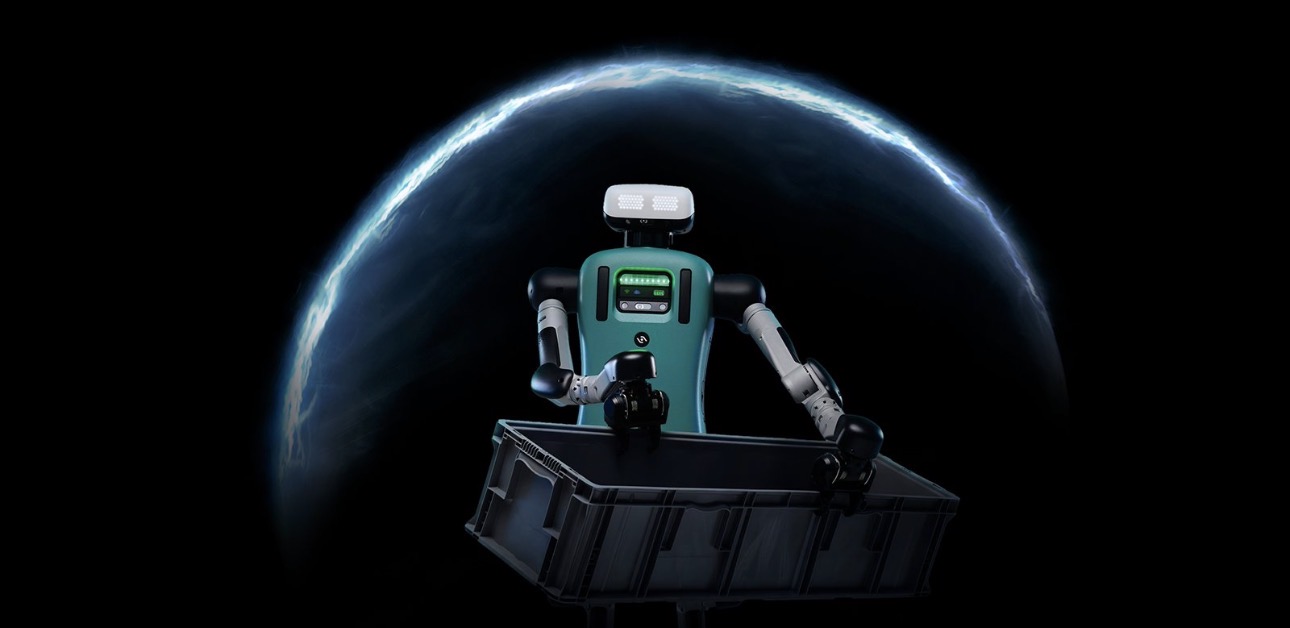 A physical-AI humanoid robot carrying an industrial tote, haloed by Earth's atmospheric arc — illustrating the NVIDIA Halos Outside-In Safety Blueprint, where external sensors and AI agents bound a robot's autonomous behaviour.